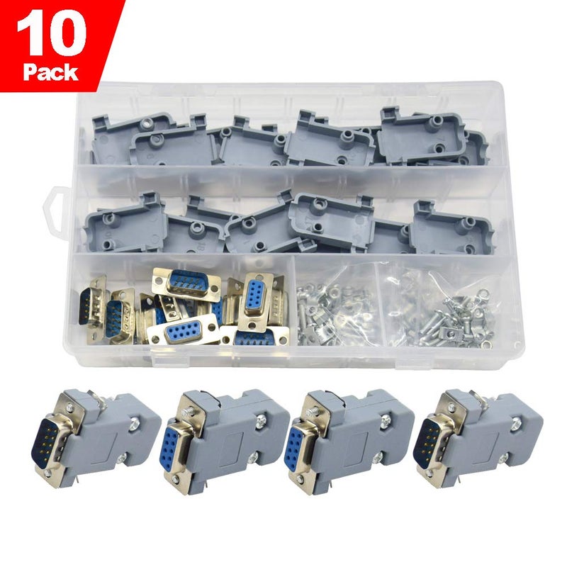 Yosawa 10-Pack Solder Type Connectors, DB9 9 Pin Female to Male (5 Male + 5 Female) + 10Set Gray Plastic Hoods Complete Set of Crimp Connector Assortment Kit-Pc Accessories - Image 1